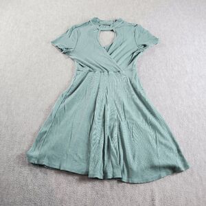 Soprano Dress Womens Medium Green Ribbed Mini Wrap Casual Short Sleeve Mock Neck